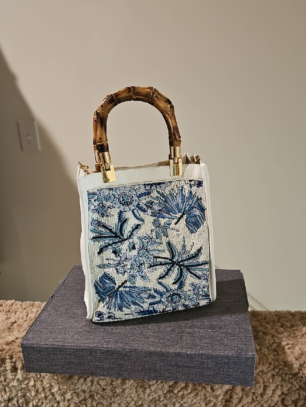 White and Blue Floral Beaded Top-Handle Bag with Bamboo Handle, Chain Strap Inc